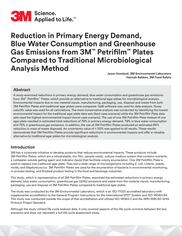 Zmniejszenie zapotrzebowania na energię pierwotną, zużycia wody i emisji gazów cieplarnianych podczas użytkowania płytek 3M™ Petrifilm™ w porównaniu z tradycyjną metodą analizy mikrobiologicznej
